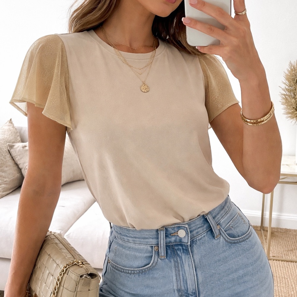 Ann Taylor Beige Shimmer Mesh Flutter Sleeve Top Size Small